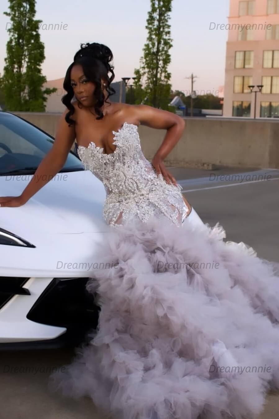 Mermaid Sweetheart Prom Dress Ruffled Sleeveless Formal Evening Gown with Rhinestones and Beadings