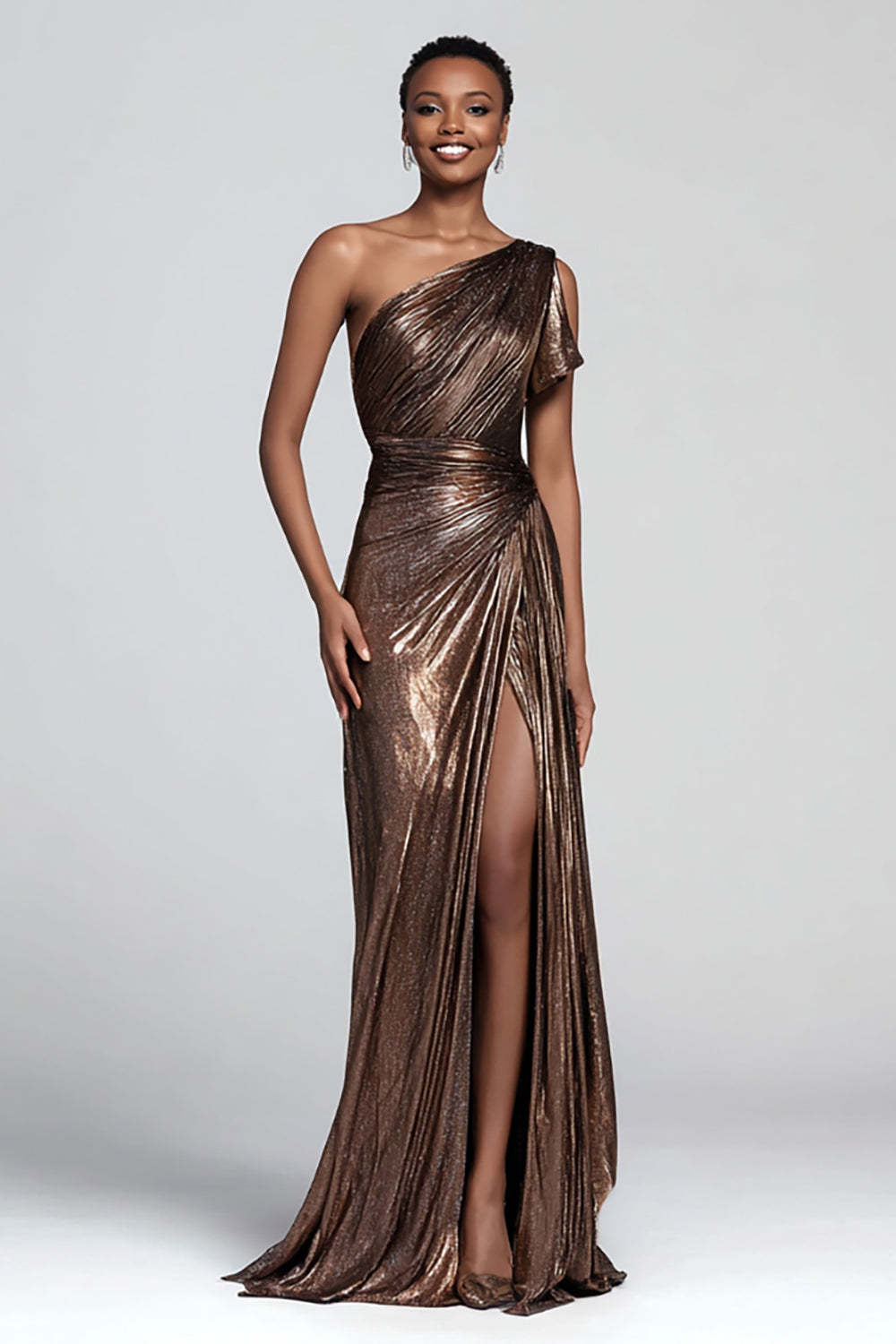 Metallic Brown One Shoulder Long Mermaid Prom Dress With Slit