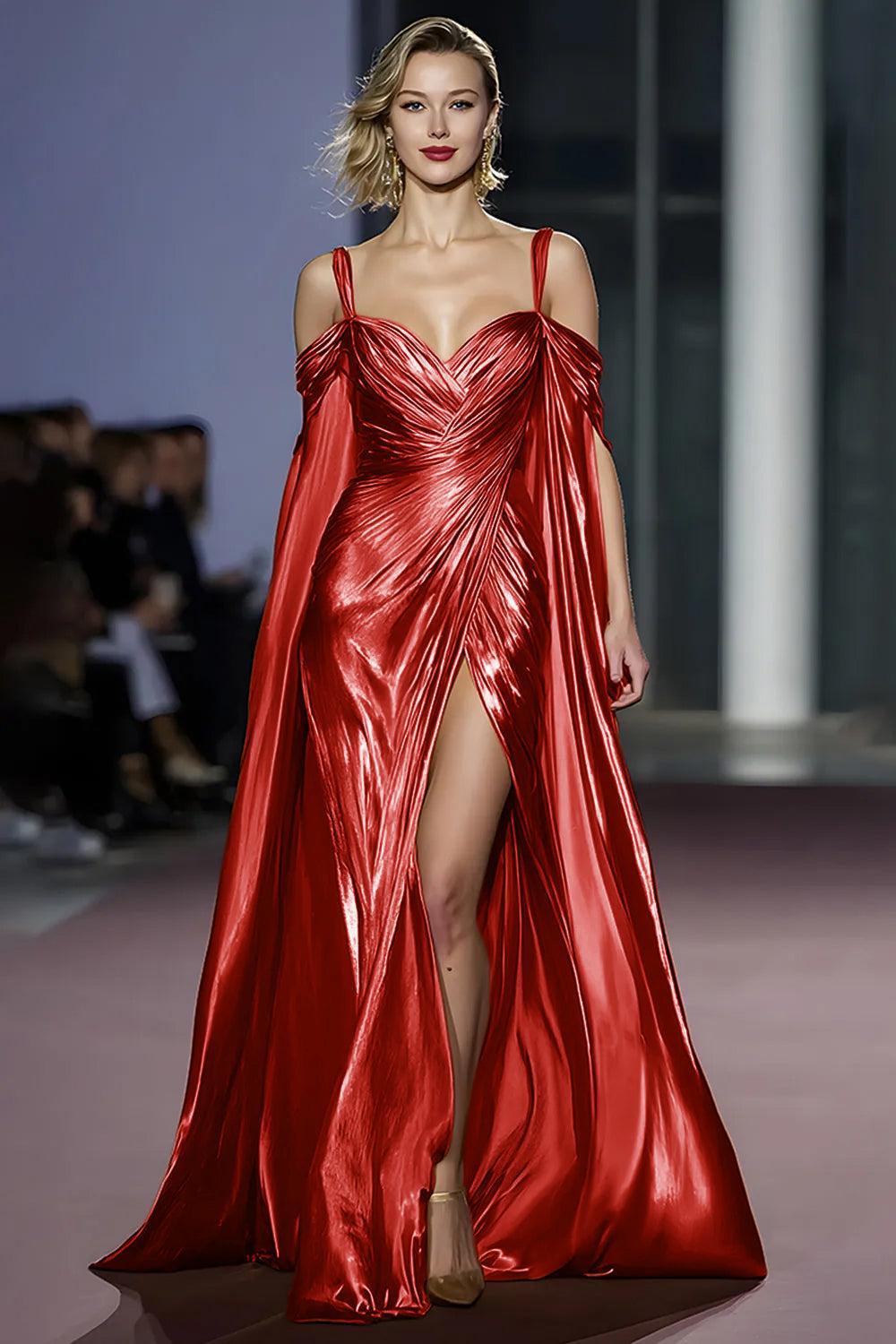 Metallic Golden Cold Shoulder Long Gala Dress With Slit