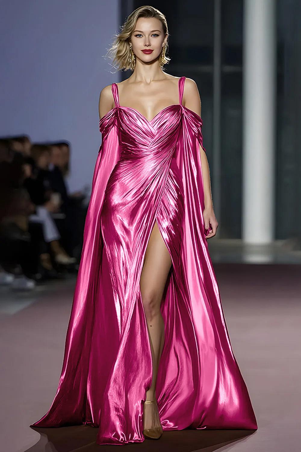 Metallic Golden Cold Shoulder Long Gala Dress With Slit