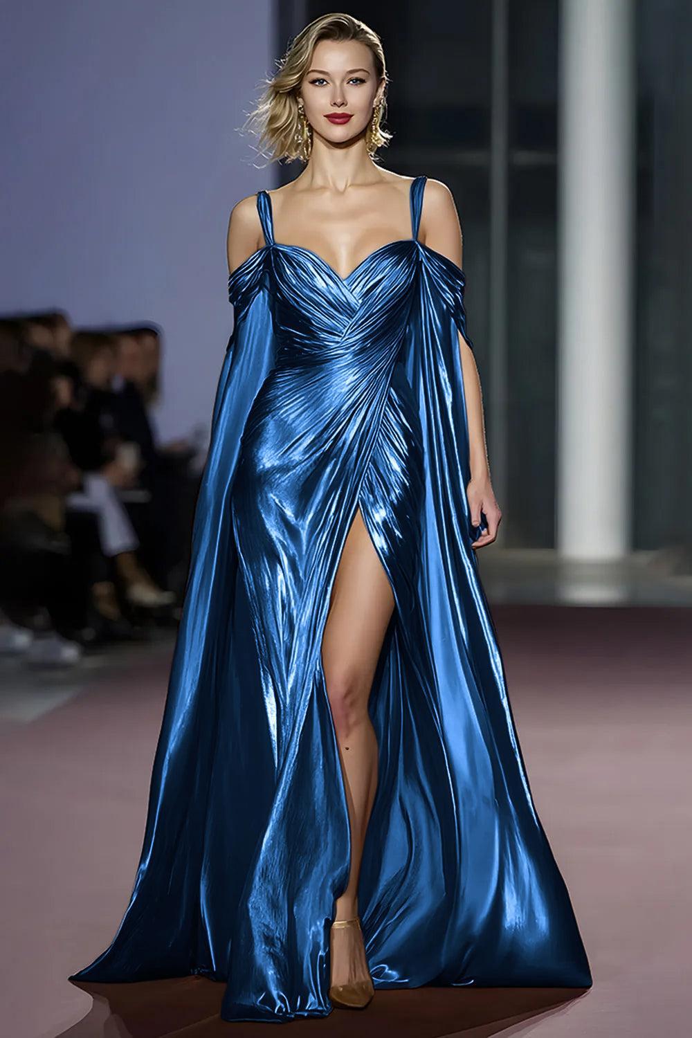 Metallic Golden Cold Shoulder Long Gala Dress With Slit