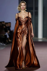 Metallic Golden Cold Shoulder Long Gala Dress With Slit