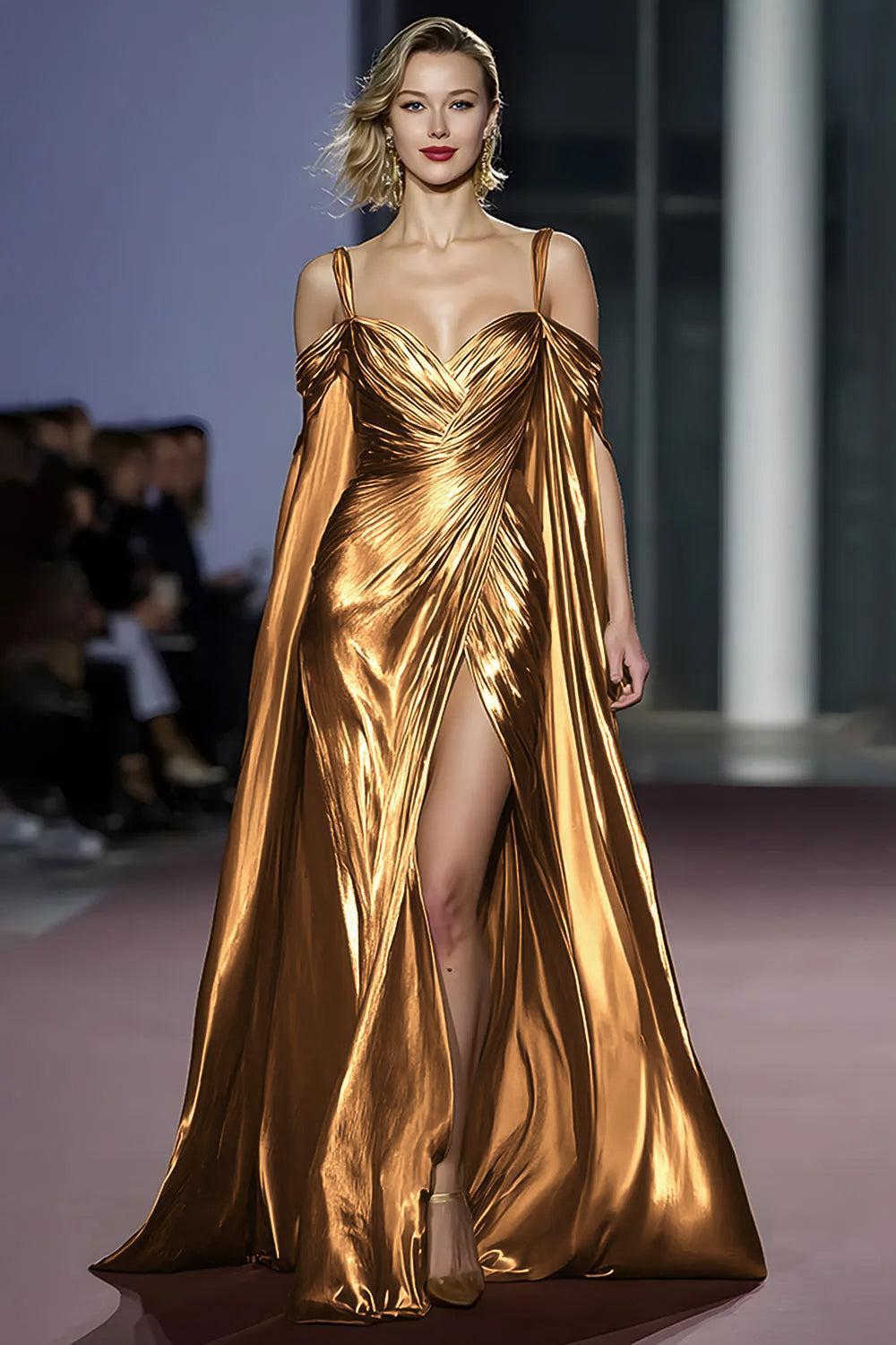 Metallic Golden Cold Shoulder Long Gala Dress With Slit