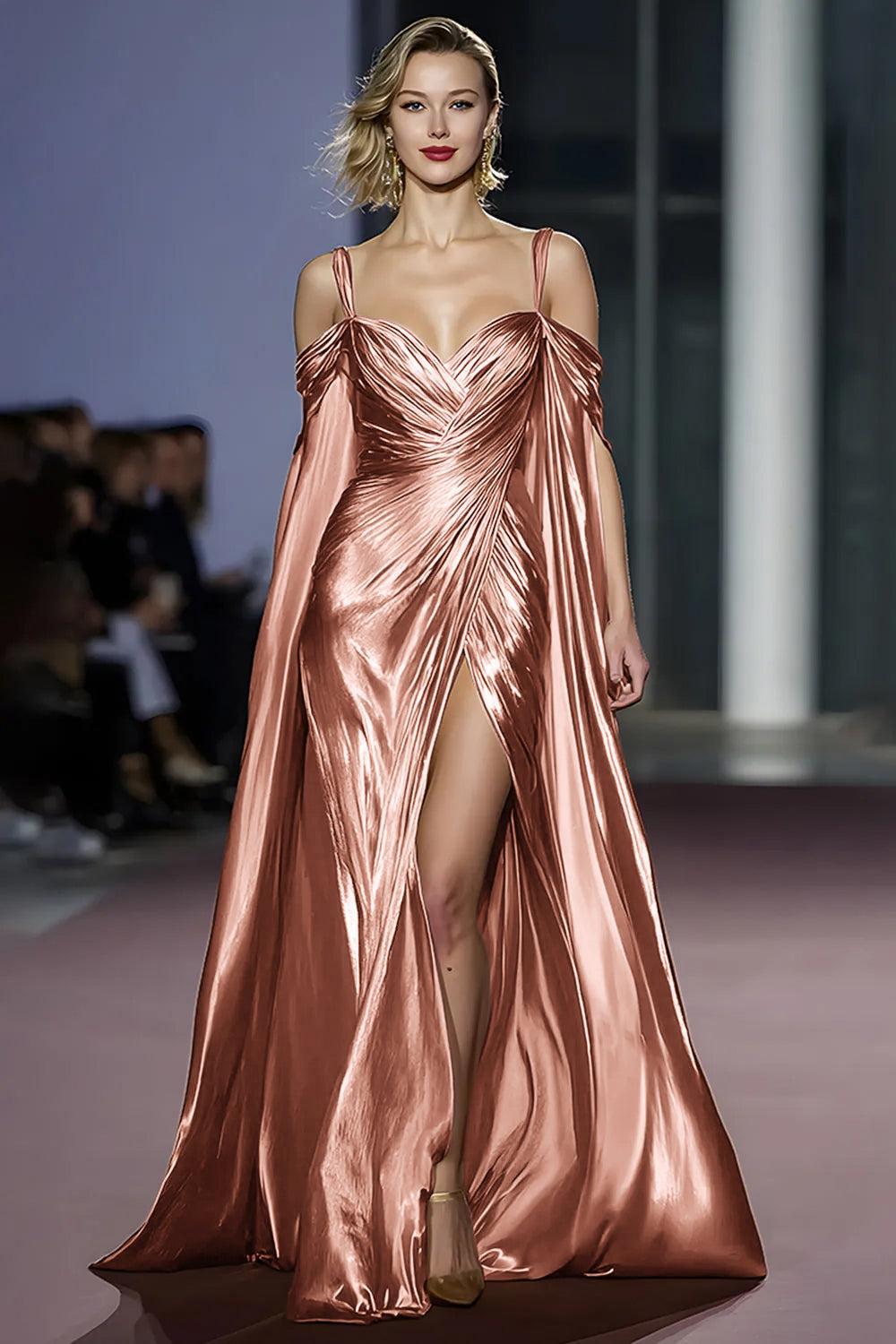 Metallic Golden Cold Shoulder Long Gala Dress With Slit