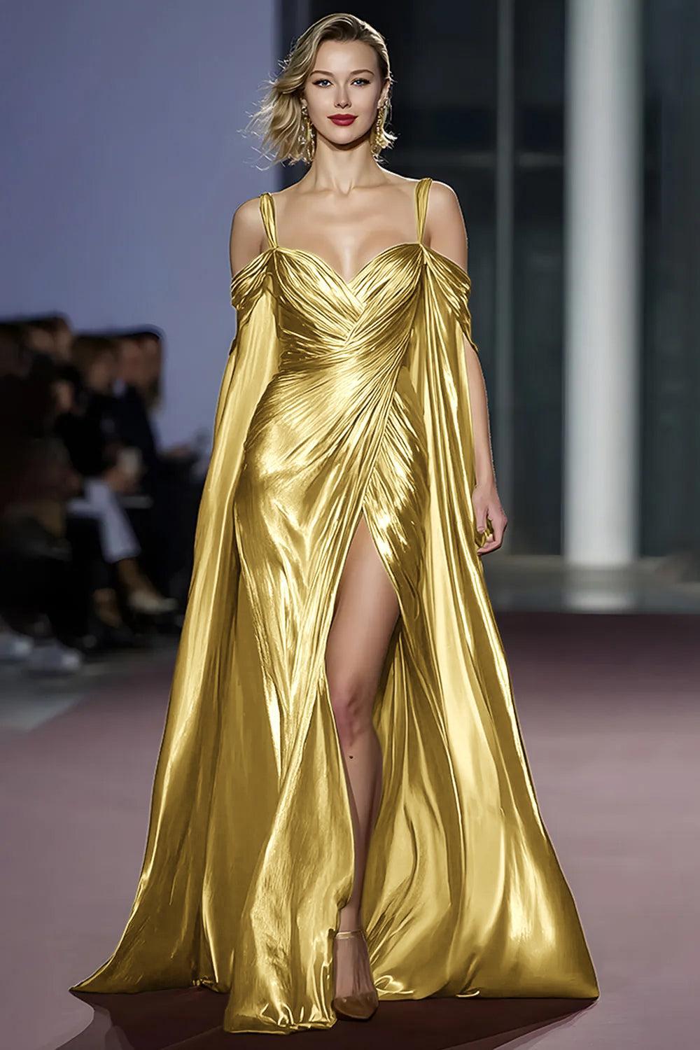 Metallic Golden Cold Shoulder Long Gala Dress With Slit