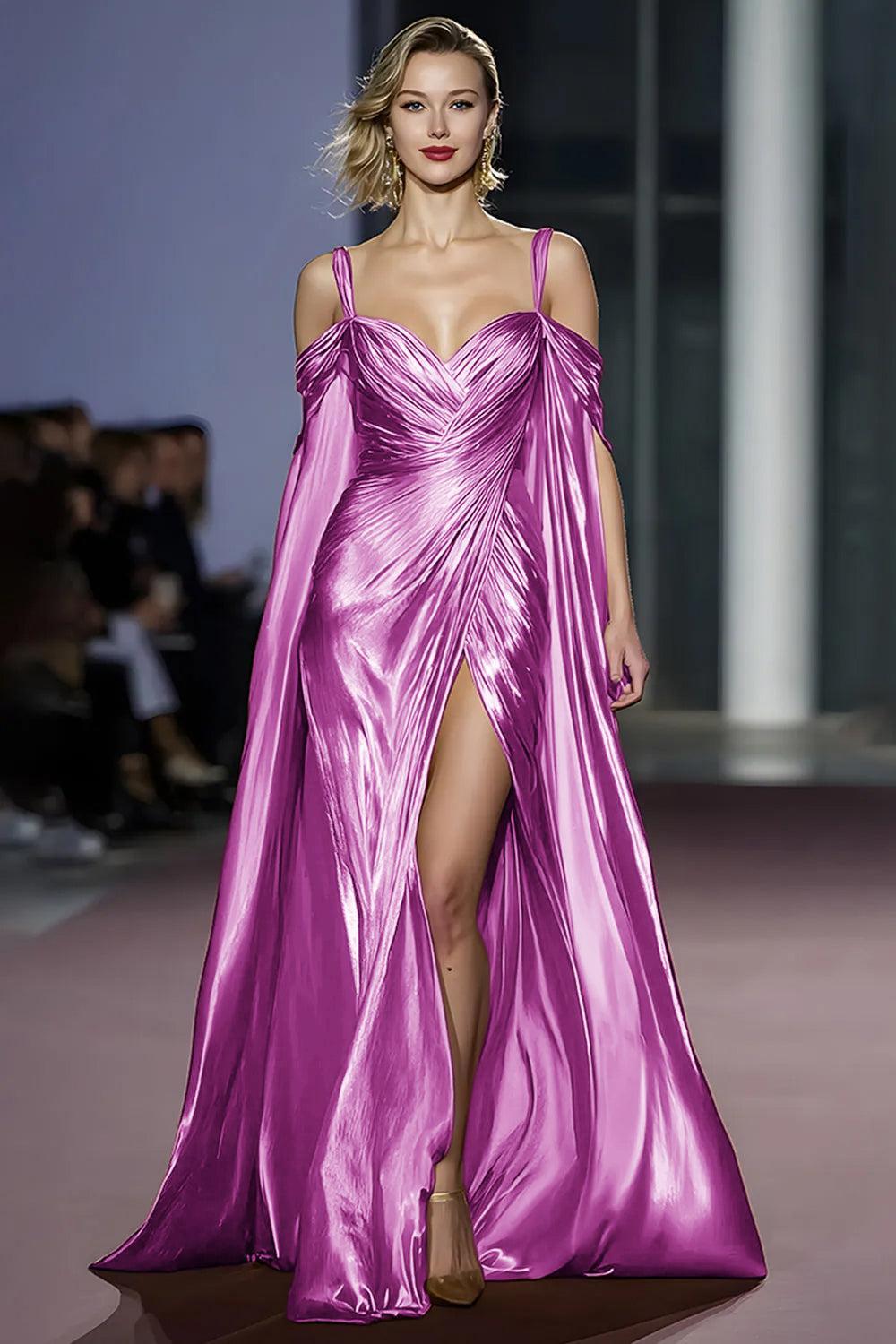 Metallic Golden Cold Shoulder Long Gala Dress With Slit
