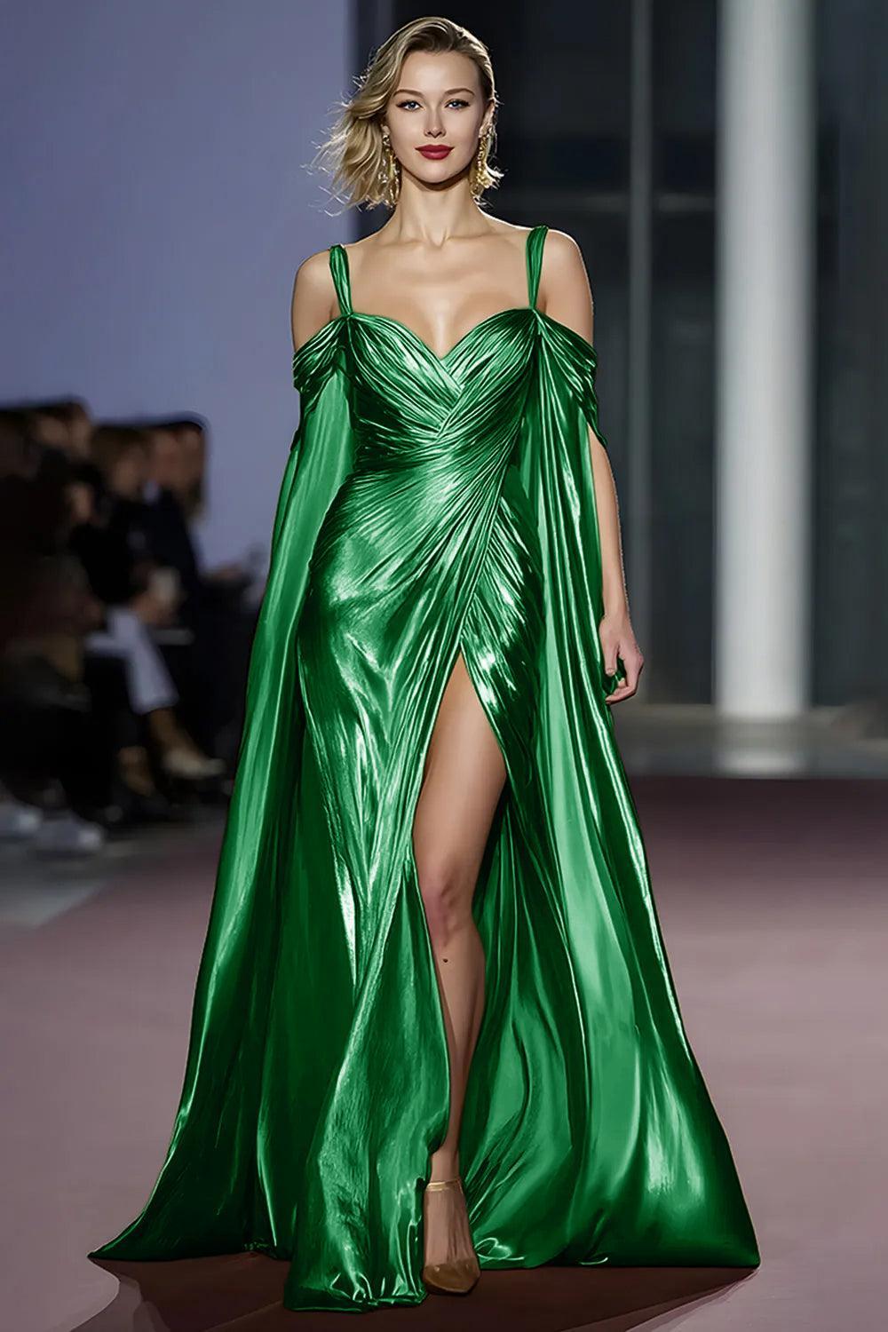 Metallic Golden Cold Shoulder Long Gala Dress With Slit