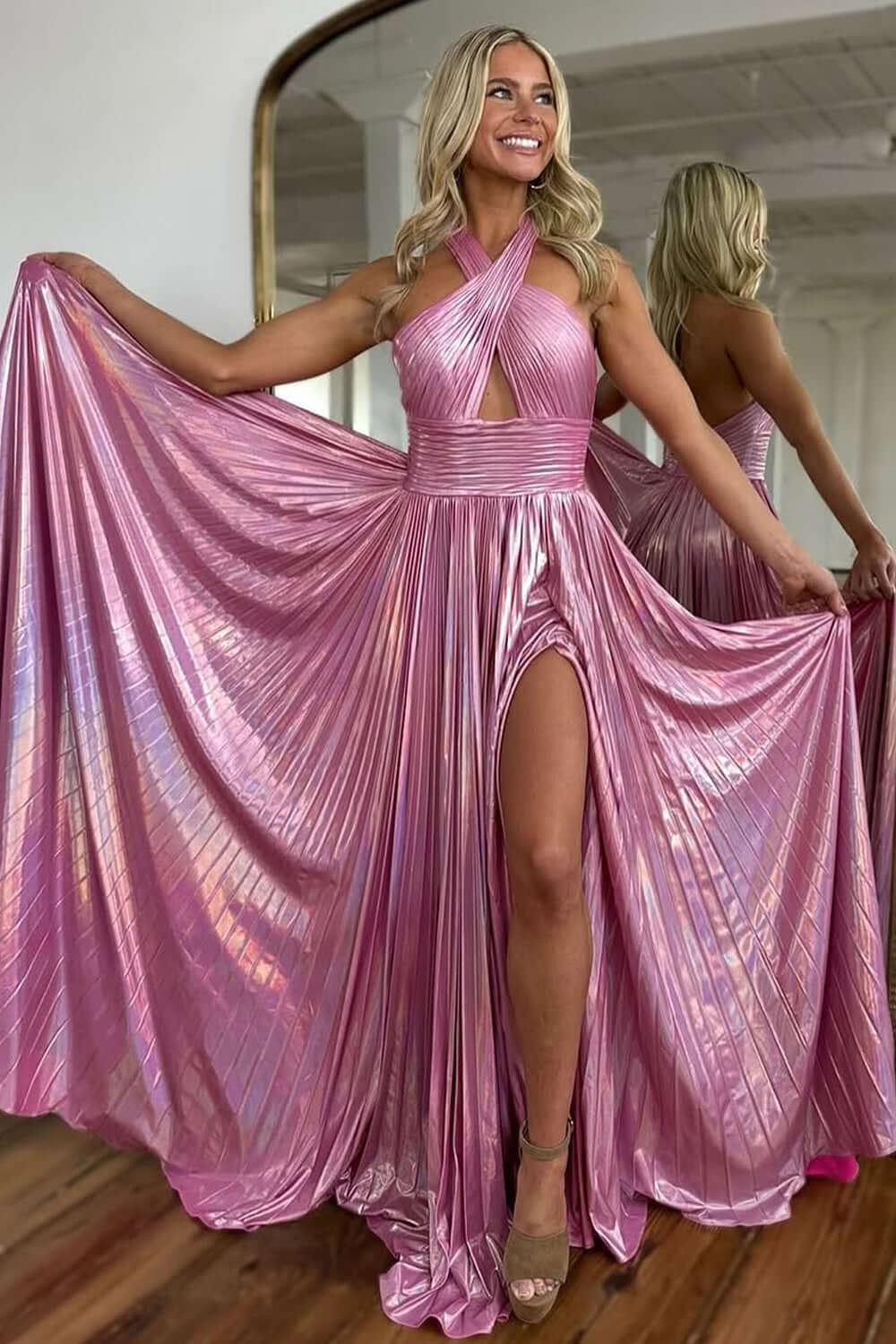 Blush Halter Cut Out Prom Dress Backless Metallic Long Evening Dress with Slit