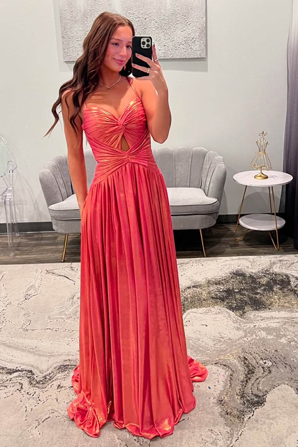 Metallic Orange Prom Dress A Line Spaghetti Straps Formal Dress