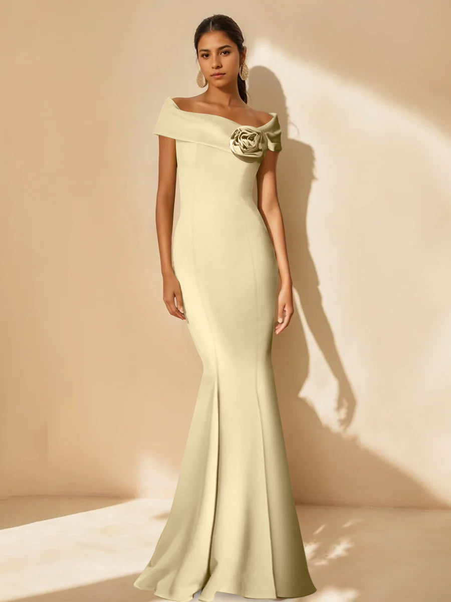 Minimalist Off-the-Shoulder Mother of the Bride Dresses in Trumpet/Mermaid Style with Detachable Flower