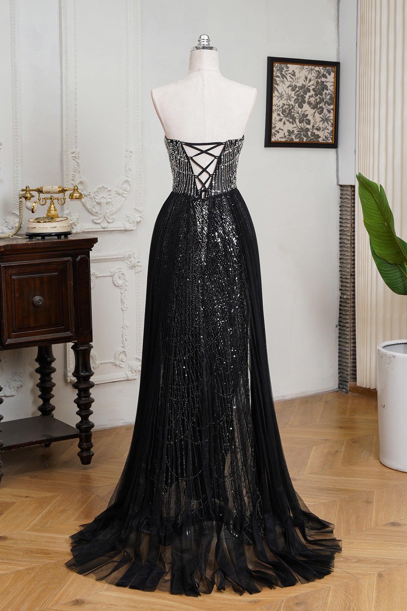 Mint Green Beaded Formal Dress Strapless Sheath Prom Wedding Party Dress with Panel Train