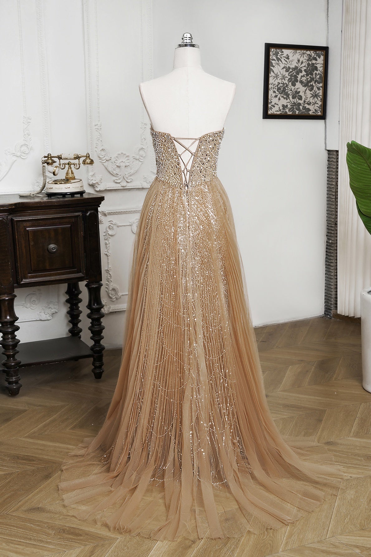 Mint Green Beaded Formal Dress Strapless Sheath Prom Wedding Party Dress with Panel Train