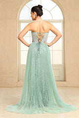 Mint Green Beaded Formal Dress Strapless Sheath Prom Wedding Party Dress with Panel Train