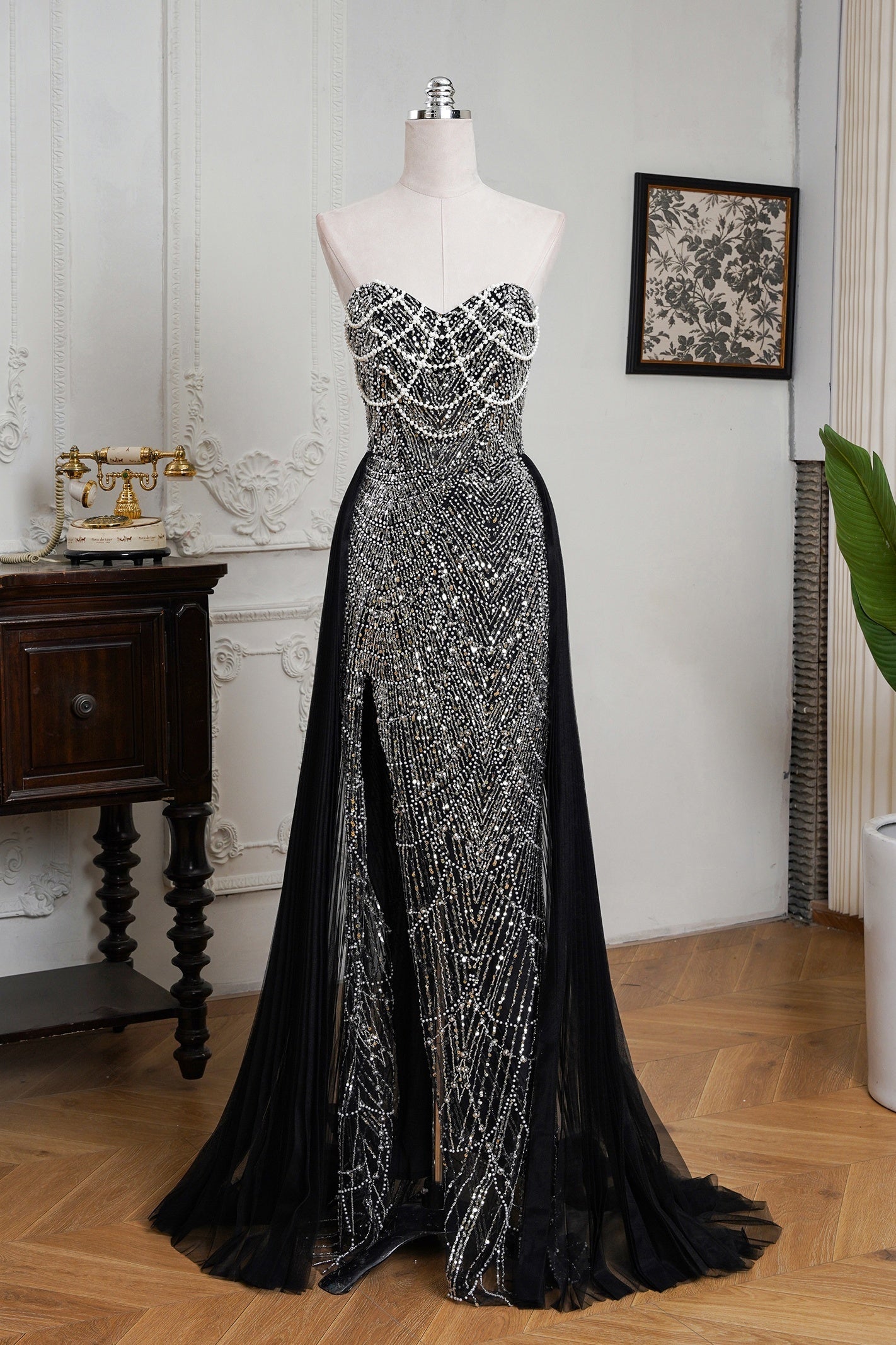 Mint Green Beaded Formal Dress Strapless Sheath Wedding Party Dress with Panel Train