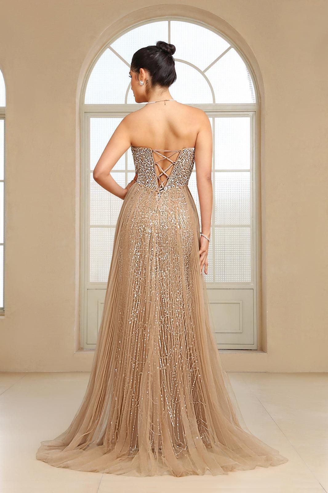 Mint Green Beaded Formal Dress Strapless Sheath Wedding Party Dress with Panel Train