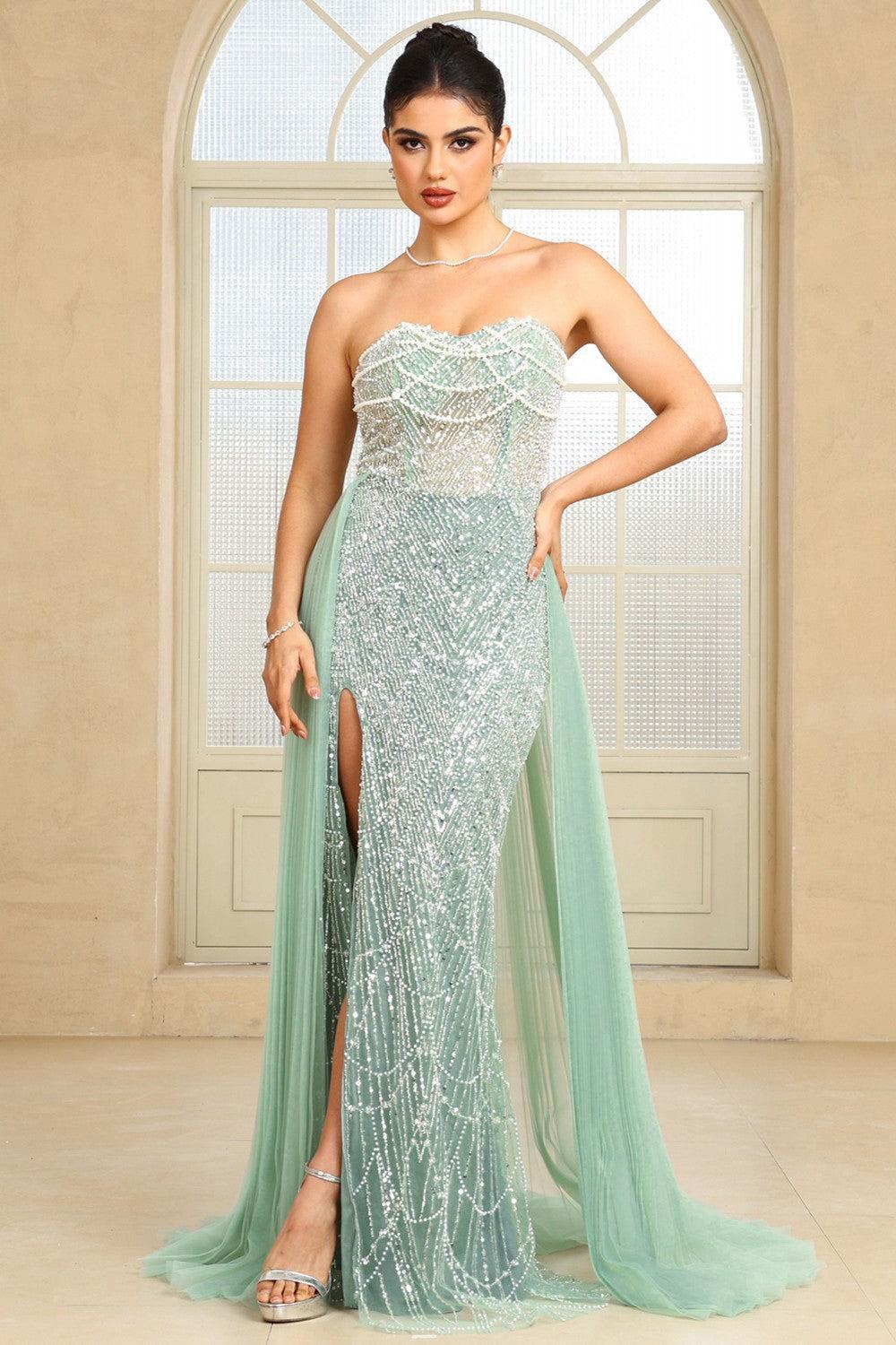 Mint Green Beaded Formal Dress Strapless Sheath Wedding Party Dress with Panel Train