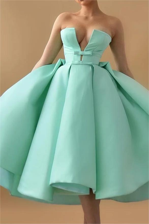 Mint Green Graduation Dress Strapless Sleeveless A Line Cocktail Dress With Ruffles