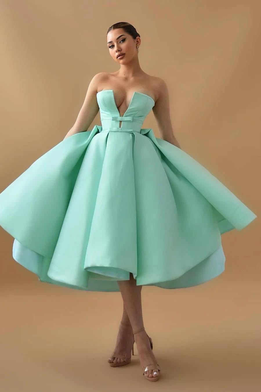 Mint Green Graduation Dress Strapless Sleeveless A Line Cocktail Dress With Ruffles