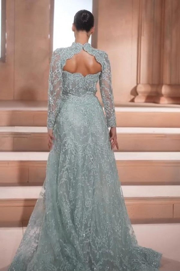 Mint Green Lace A Line Prom Dress with Long Sleeves and High Neck