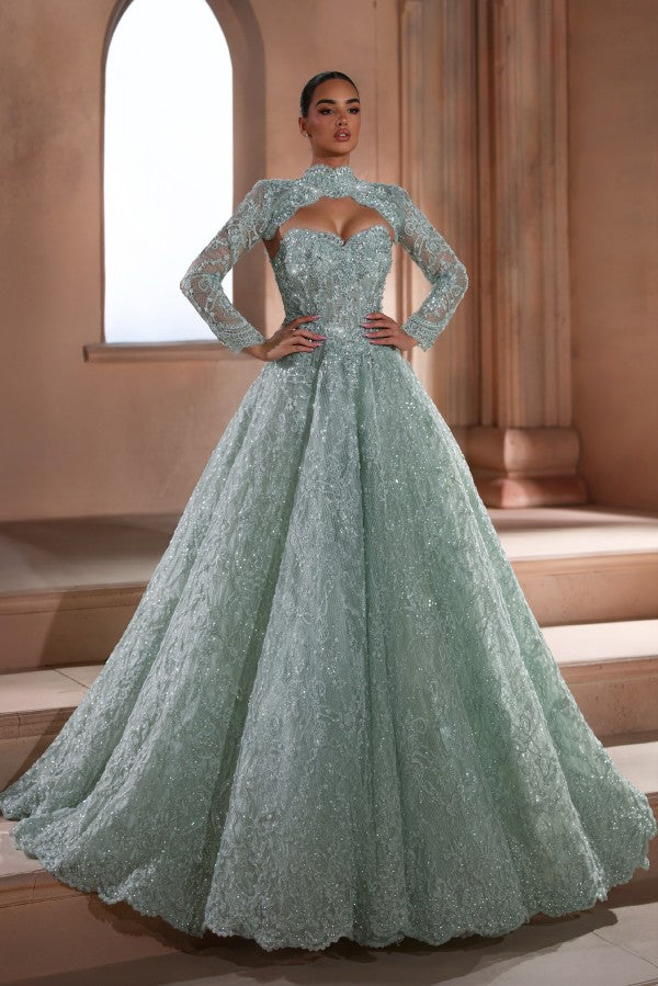 Mint Green Lace A Line Prom Dress with Long Sleeves and High Neck