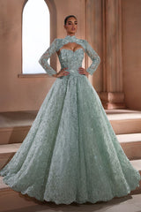 Mint Green Lace A Line Prom Dress with Long Sleeves and High Neck