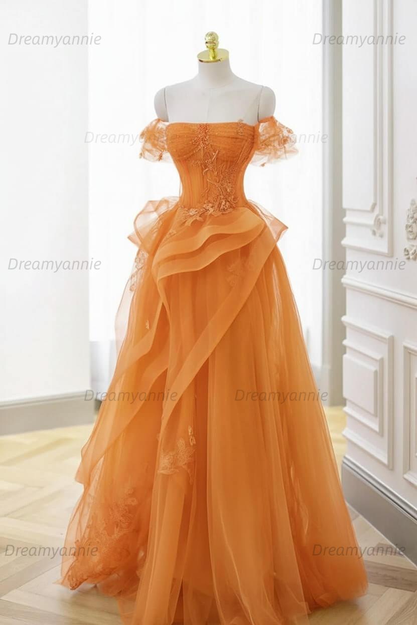 strapless open back dress Strapless Burnt Orange Tulle Prom Dress 2025 with Slit – AnnaCustomDress