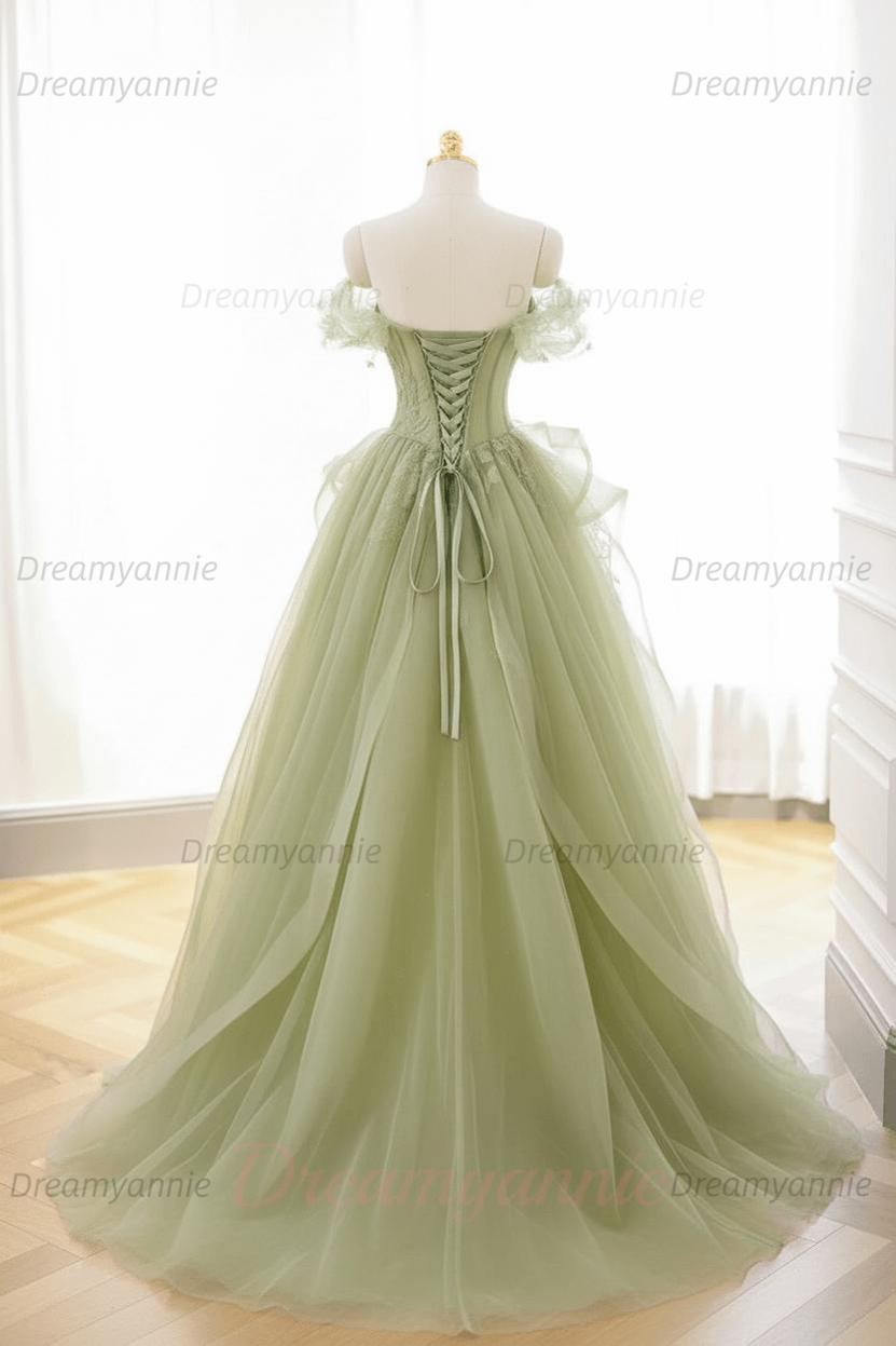 Mint Green Prom Dress Tulle Lace Long Elegant Corset Formal Party Evening Dress