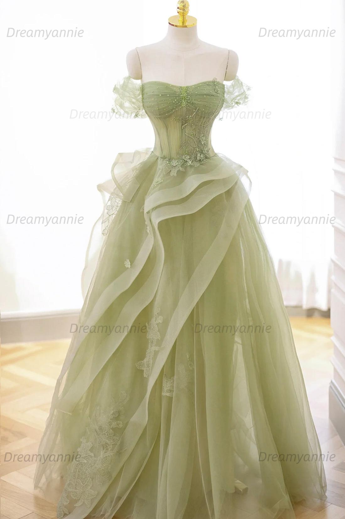 Mint Green Prom Dress Tulle Lace Long Elegant Corset Formal Party Evening Dress