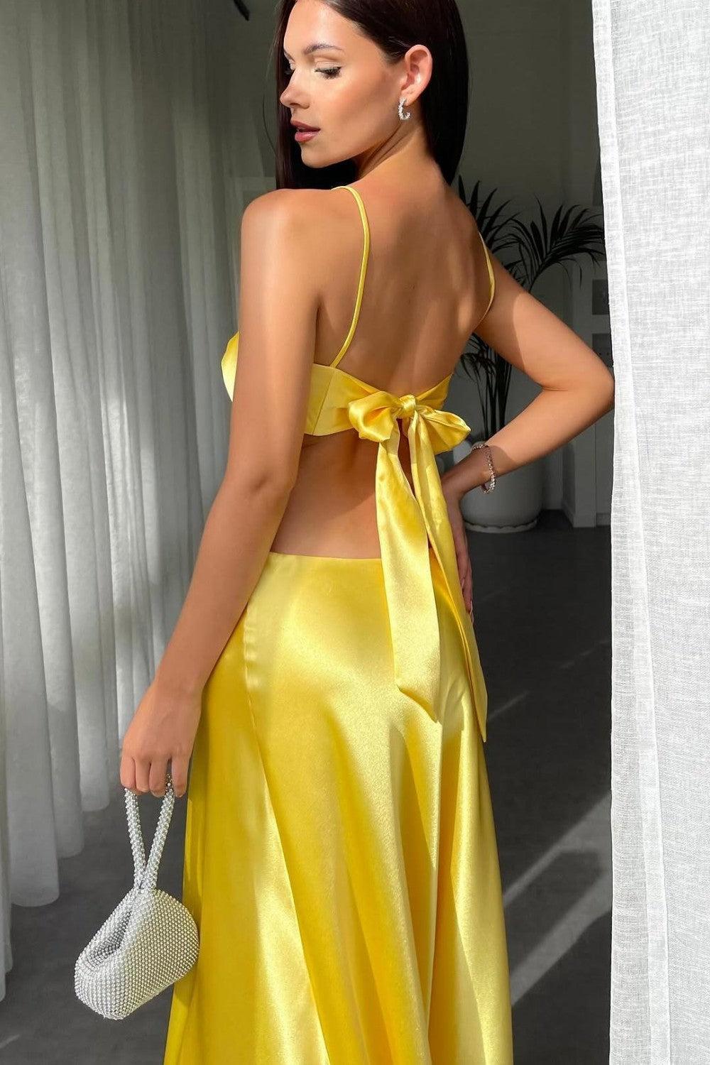Dreamyannie Royal Blue Satin Cutout Prom Dress With Bow Bodice Spaghetti Straps Formal Evening Gown