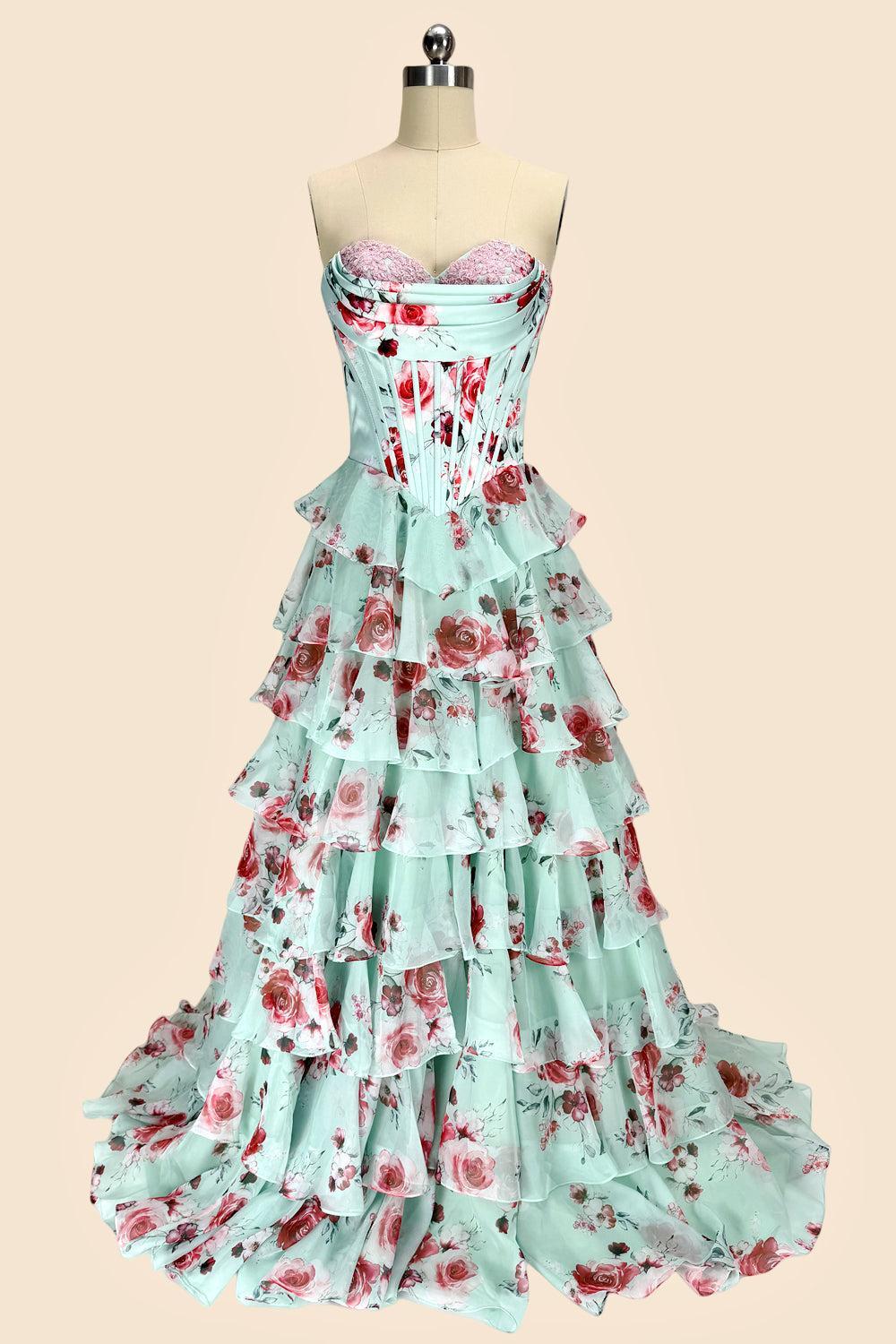 Mint Green Watercolor Floral Strapless Prom Dress With Sweetheart Tiered Chiffon Train Formal Evening Gown
