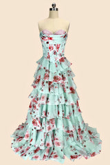 Mint Green Watercolor Floral Strapless Prom Dress With Sweetheart Tiered Chiffon Train Formal Evening Gown