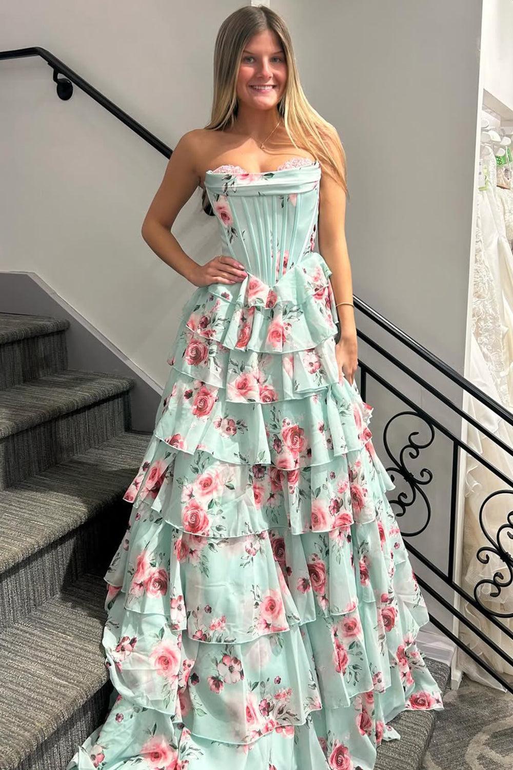 Mint Green Watercolor Floral Strapless Prom Dress With Sweetheart Tiered Chiffon Train Formal Evening Gown