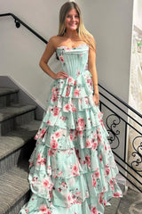 Mint Green Watercolor Floral Strapless Prom Dress With Sweetheart Tiered Chiffon Train Formal Evening Gown