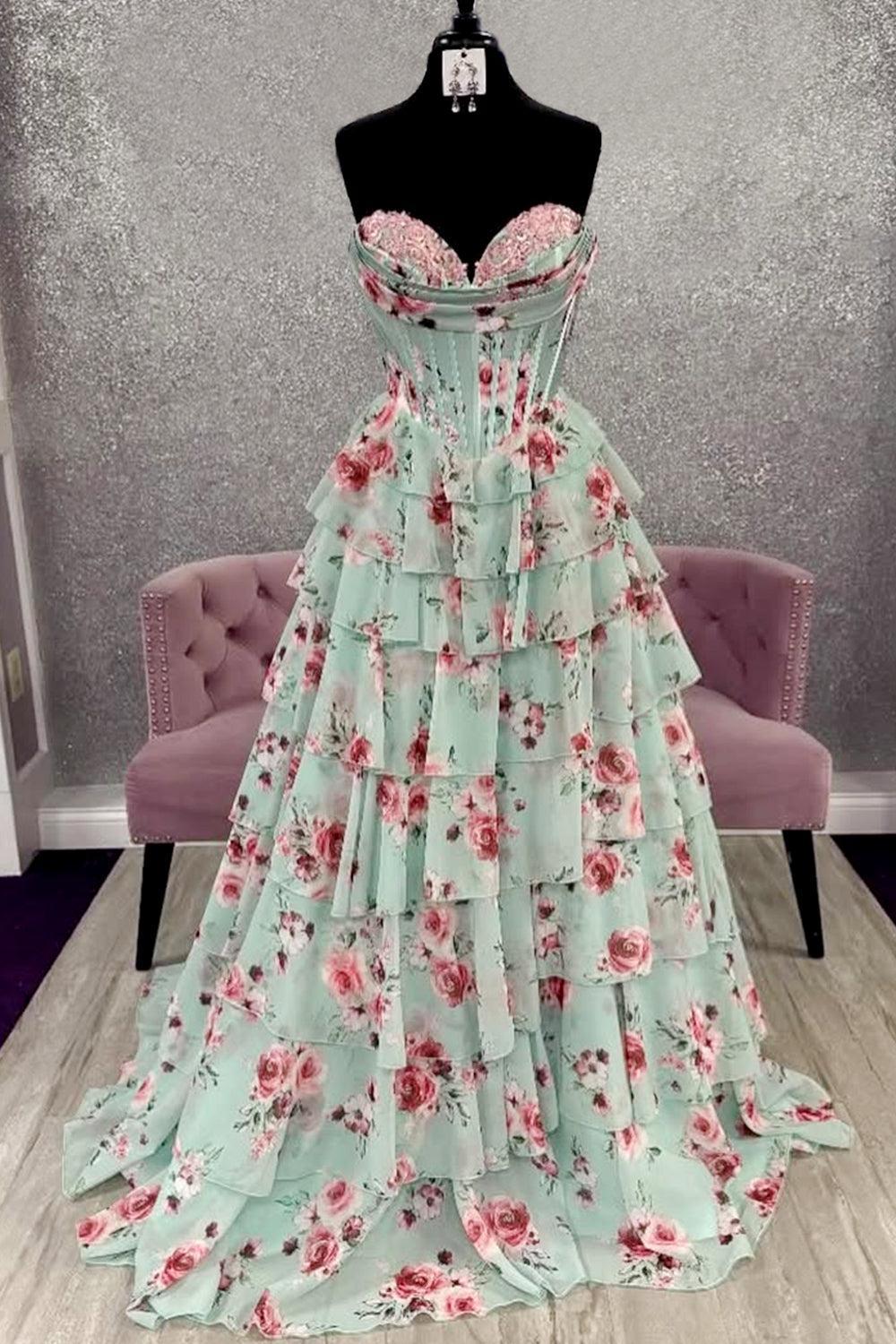 Mint Green Watercolor Floral Strapless Prom Dress With Sweetheart Tiered Chiffon Train Formal Evening Gown