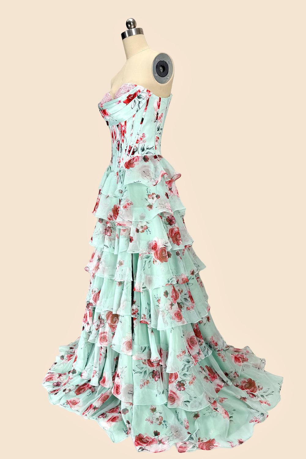 Mint Green Watercolor Floral Strapless Prom Dress With Sweetheart Tiered Chiffon Train Formal Evening Gown
