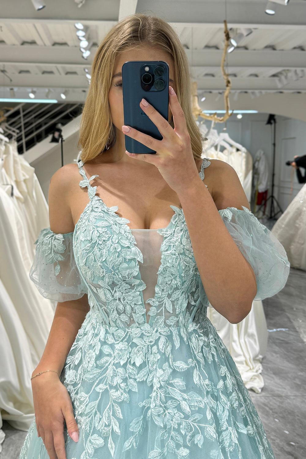 Mint Prom Dress A Line Tulle Off the Shoulder Long Evening Dress With Appliques