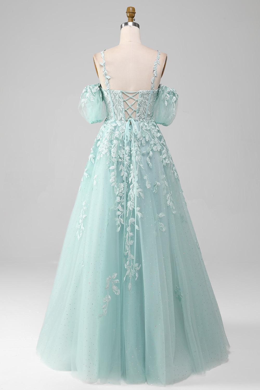 Mint Prom Dress A Line Tulle Off the Shoulder Long Evening Dress With Appliques