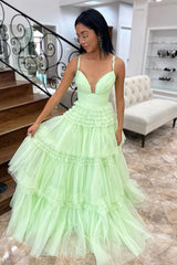 Mint Prom Dress Ruffled Tulle Long Evening Dress