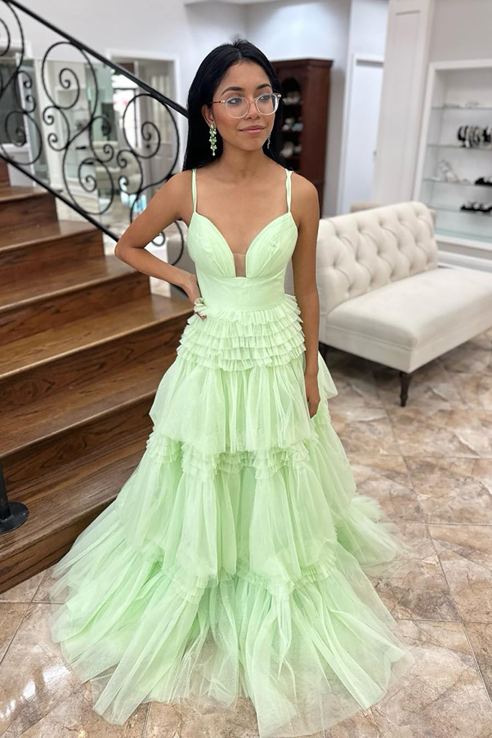 Mint Prom Dress Ruffled Tulle Long Evening Dress