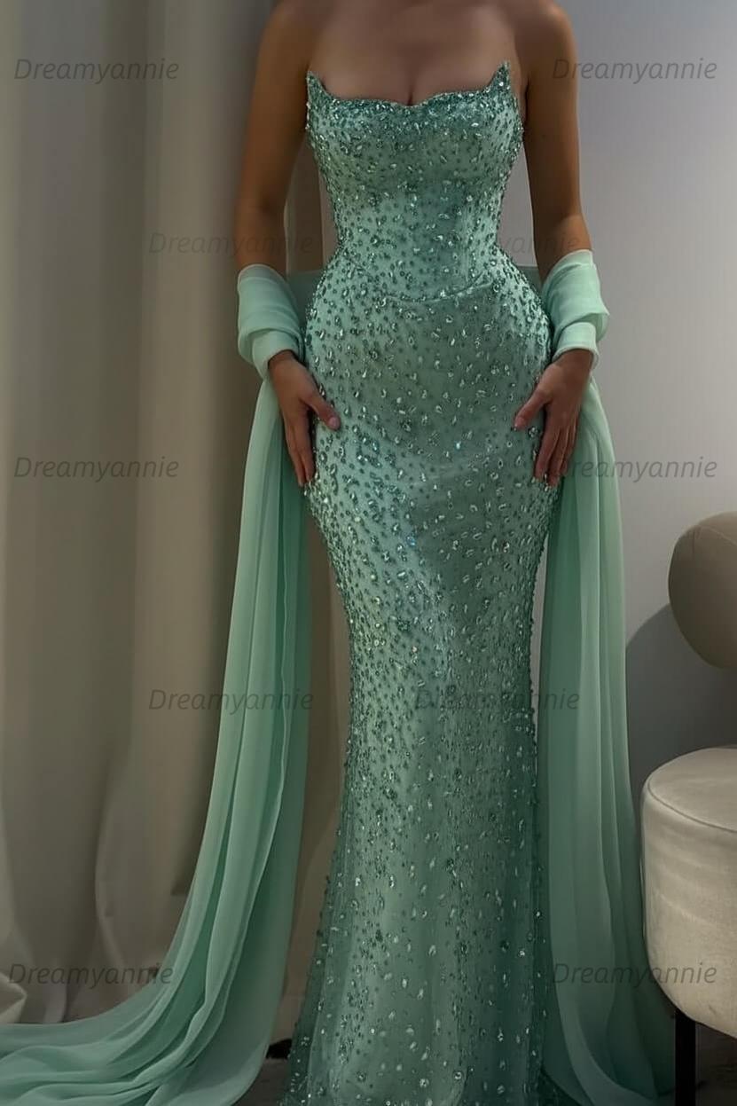 Pink Mermaid Prom Dress Strapless Beaded Evening Dress