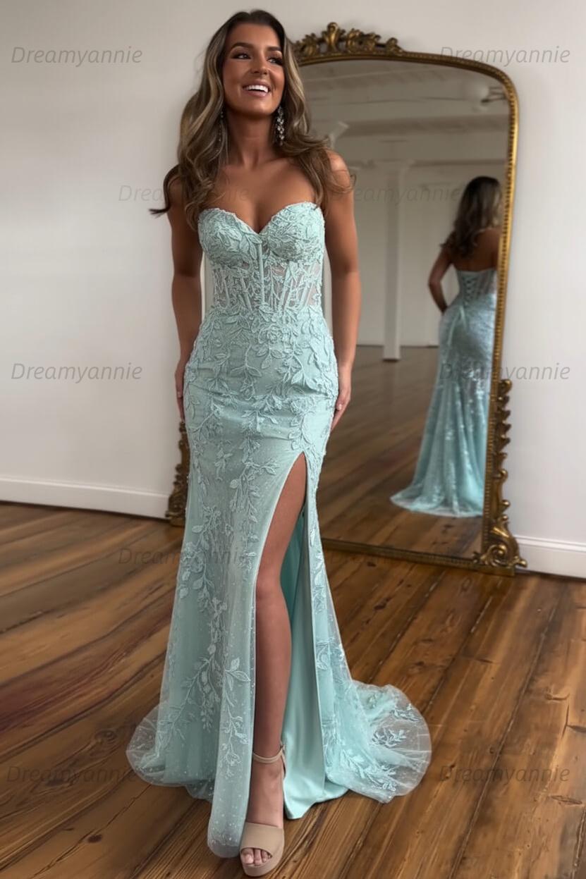 Light Blue Prom Dress Mermaid Sweetheart Corset Long Laced Evening Dress with Slit