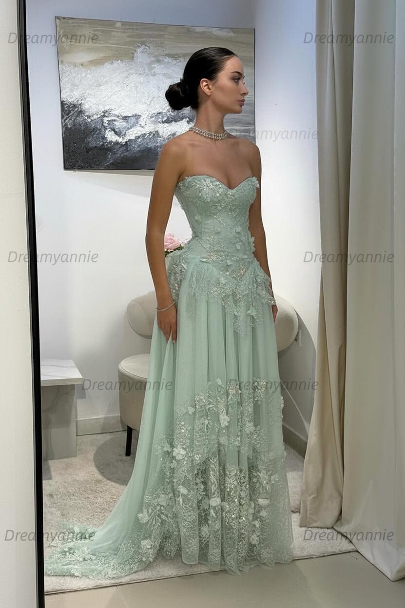 Yellow Lace A Line Prom Dress Sweetheart Lace Appliqued Formal Evening Dress with 3D Flowers