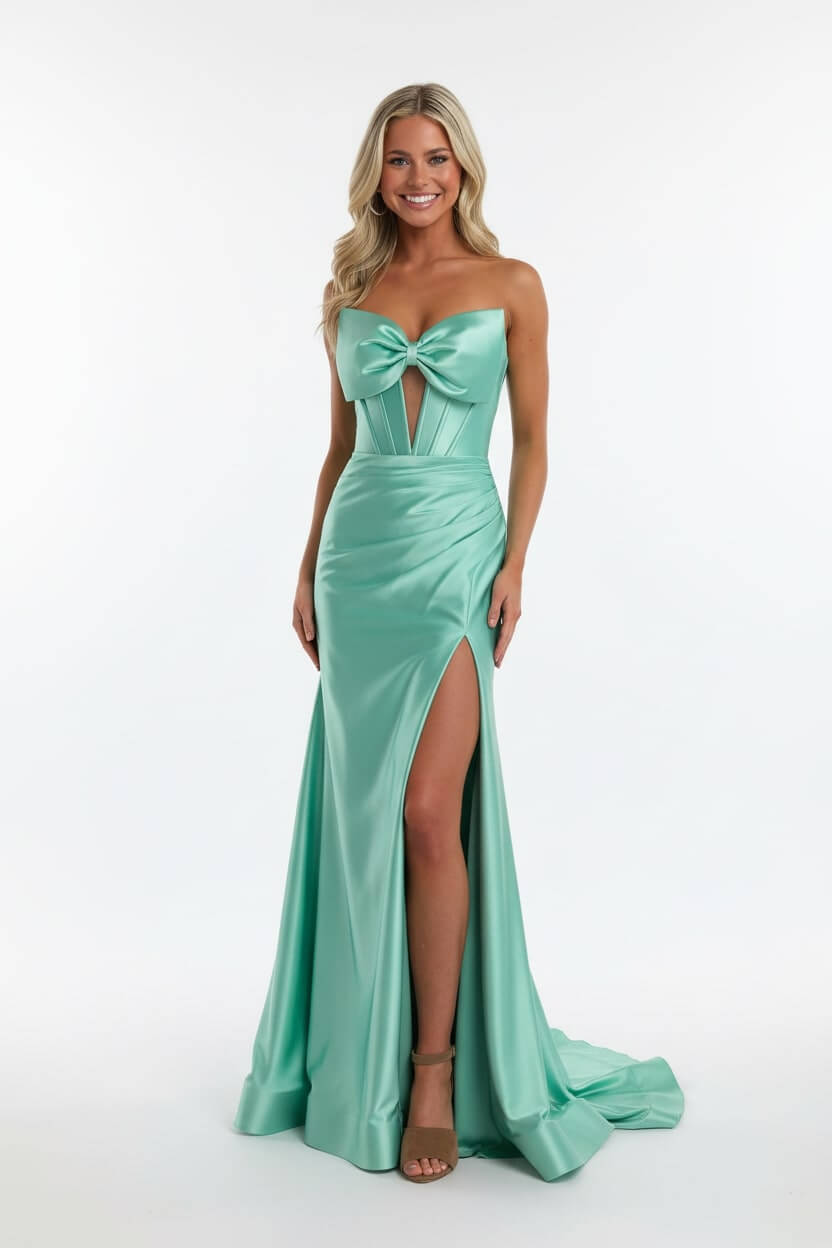 Dreamyannie Corset Red Prom Dress Satin Sweetheart Evening Dress With Slit