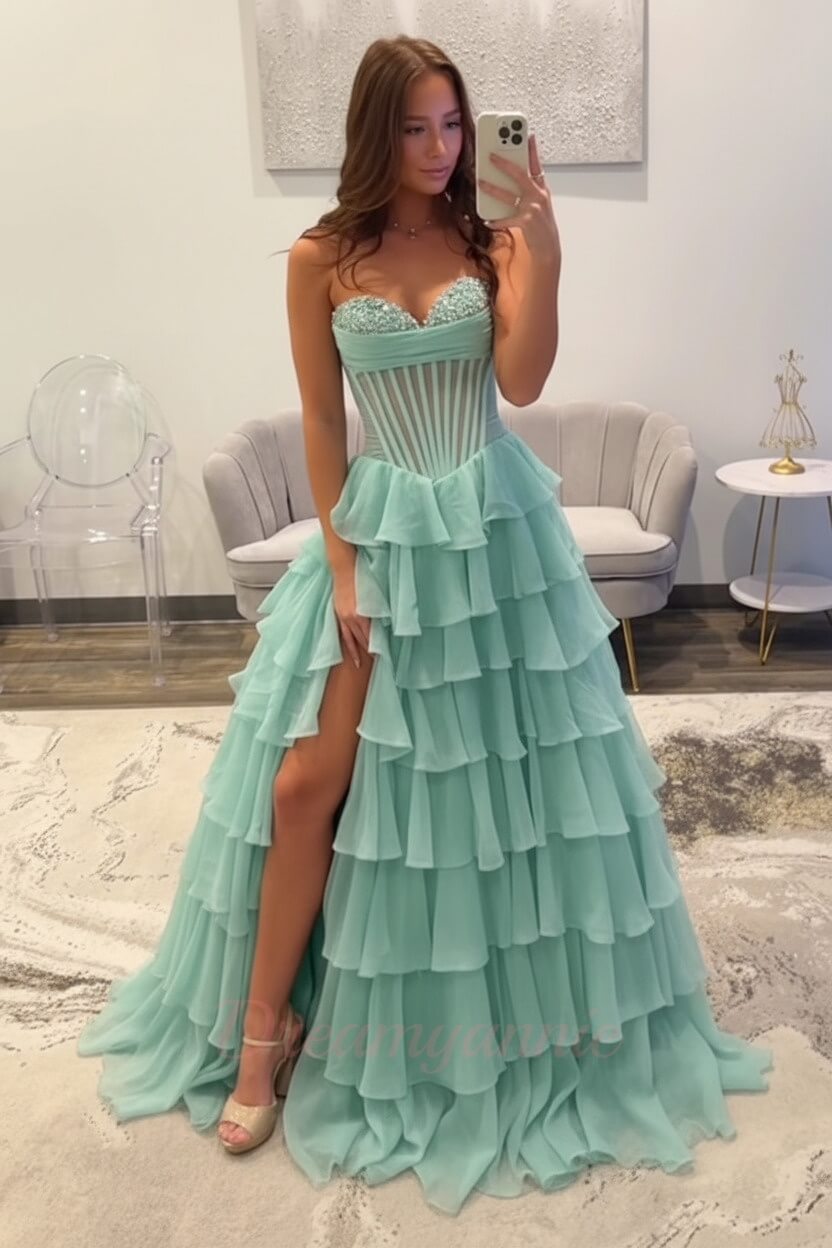 Dreamyannie Ruffled Black Prom Dress A Line Corset Long Formal Dress With Beadings