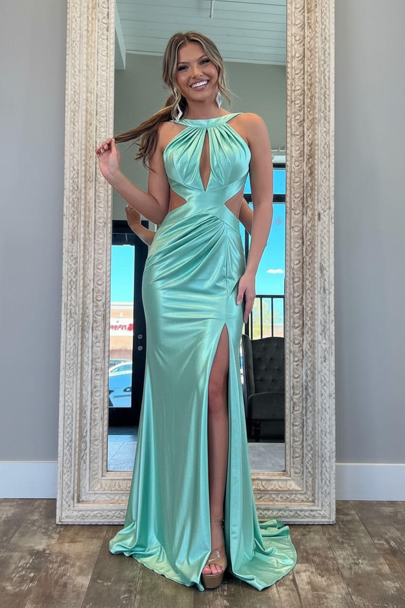 Stylish Fuchsia Metallic Mermaid Prom Dress With Slit And Open Back Formal Evening Gown