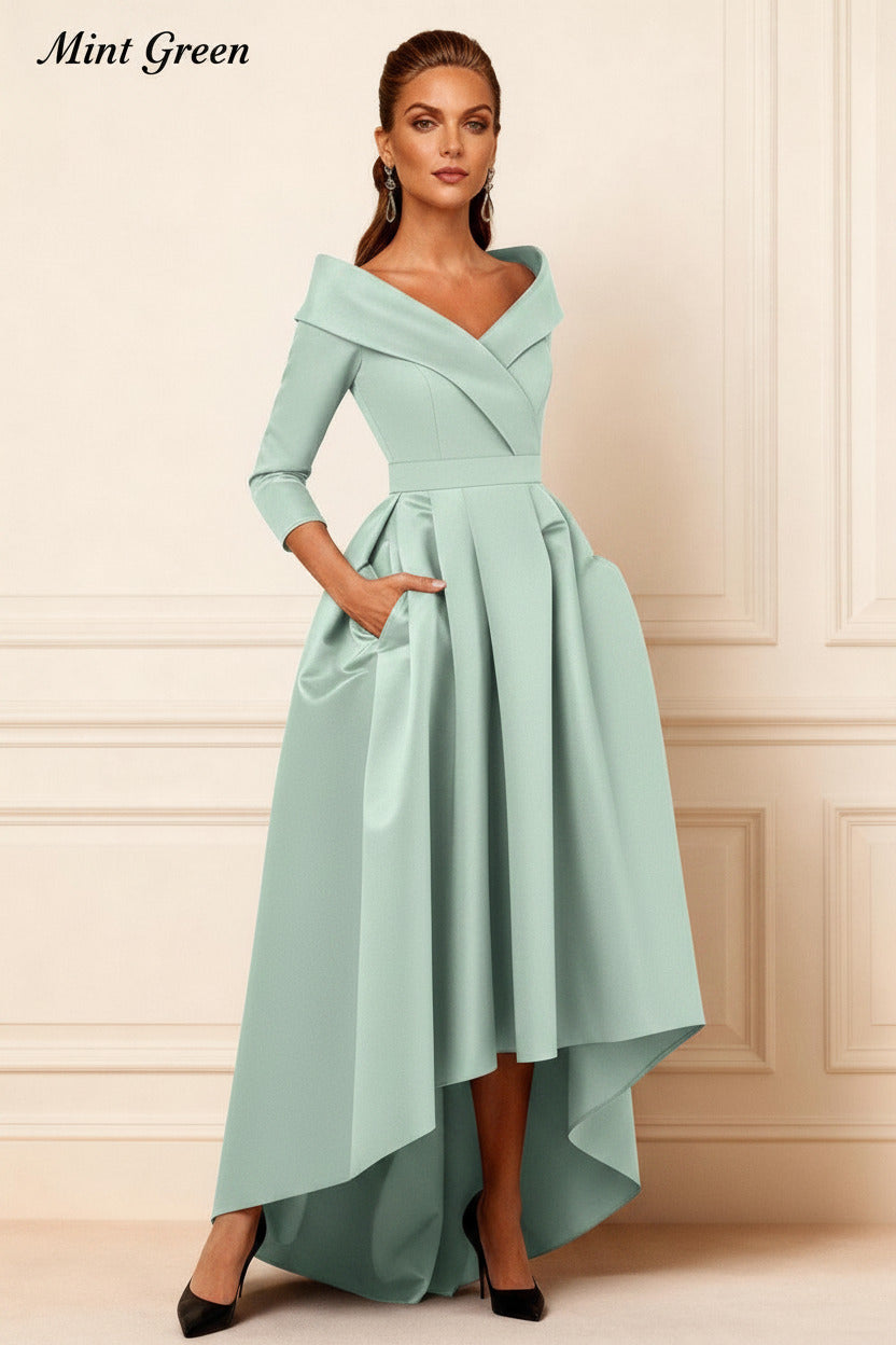 Dreamyannie Dark Navy V Neck Satin High Low Mother Of The Bride Dress With Pockets