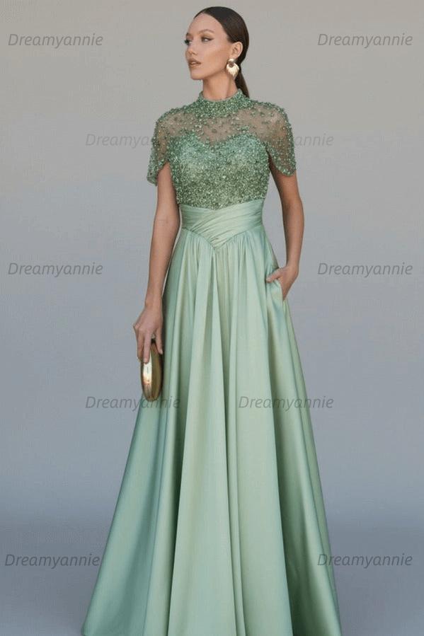 Green A Line Prom Dress Short Sleeve High Neck Beaded Evening Dress