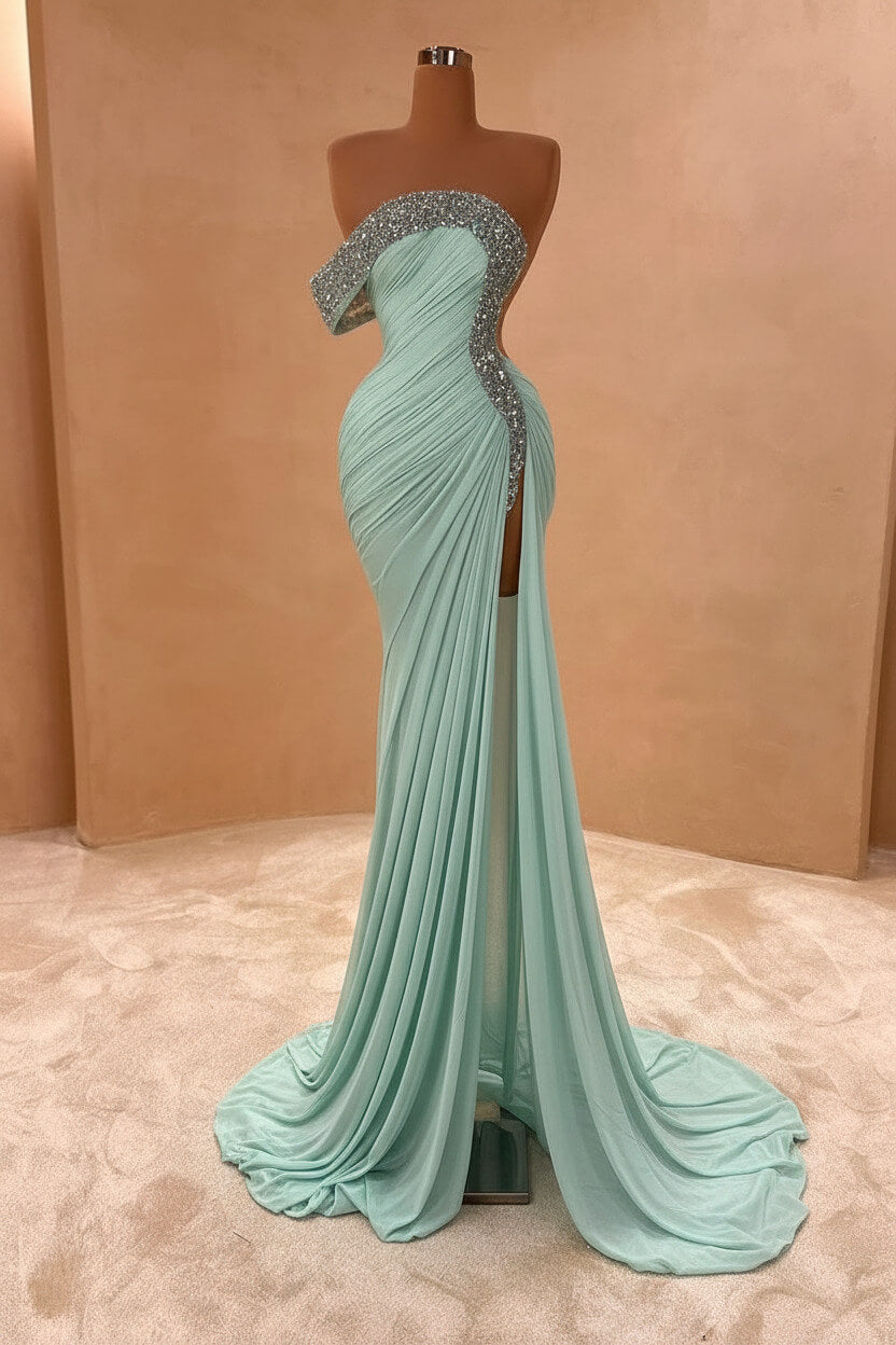 Blue Mermaid Prom Dress One Shoulder Beaded Evening Dress