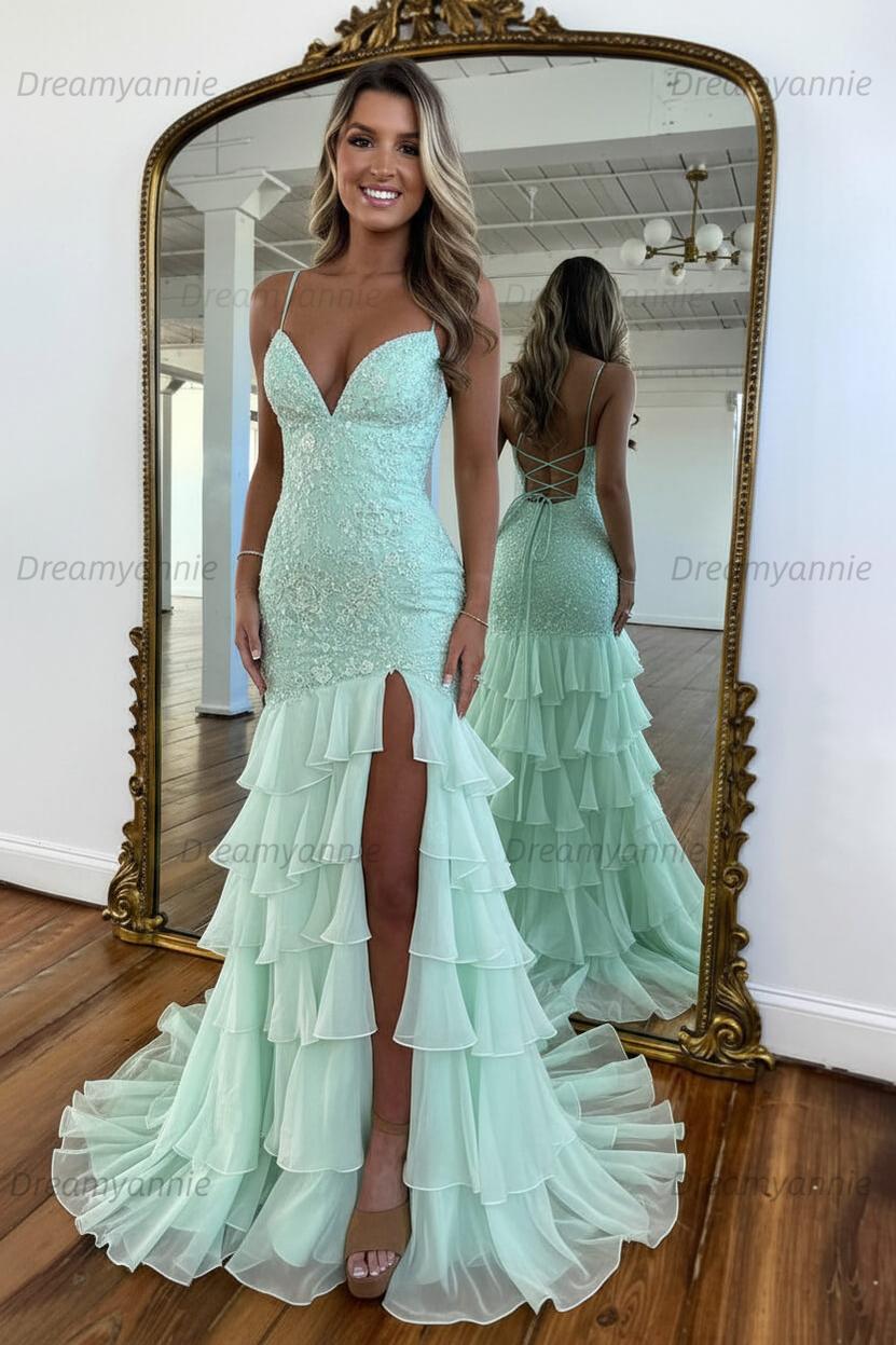 Charming Mermaid Spaghetti Straps Lace Up Long Prom Dress With Ruffle Skirt Formal Evening Gown