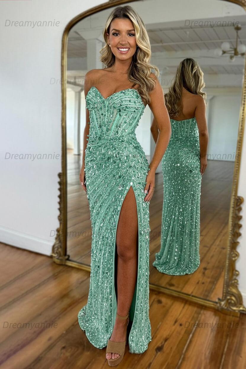 Sweetheart Mermaid Sequined Prom Dress With High Slit Skirt Evening Gown